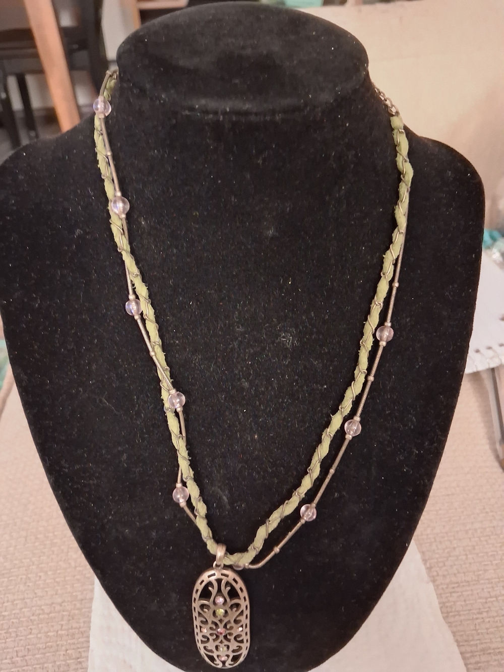Olive Green Braided Pendant Necklace with Lilac Accent Beads